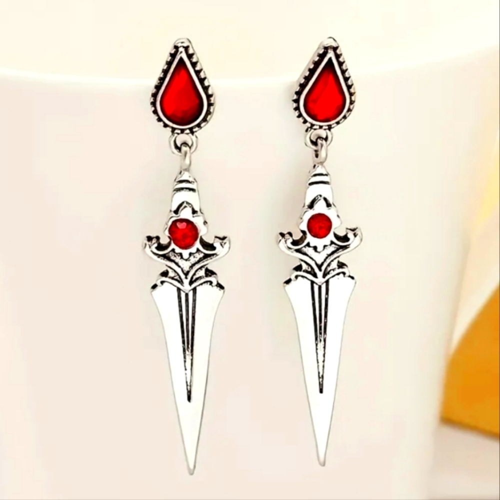 Gothic Red Zircon Dagger Earrings.